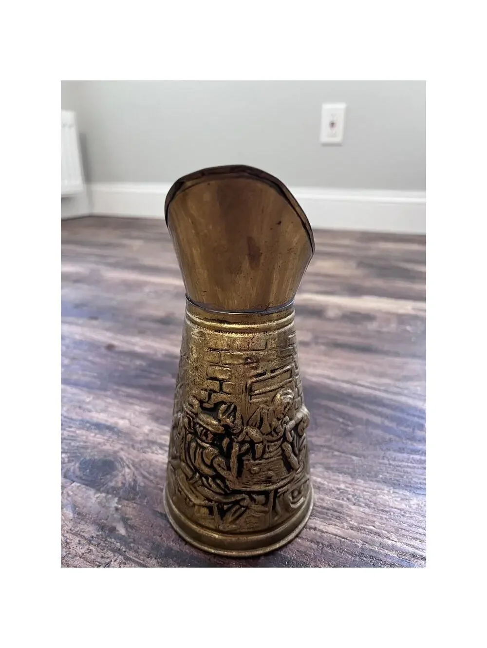 Vintage Made in England Brass-Tone Embossed Pitcher | English Pub Scene Jug